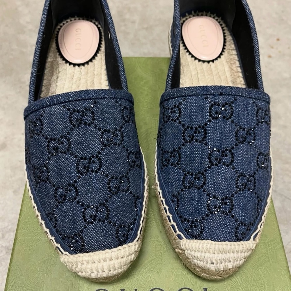GUCCI CRYSTAL-EMBELLISHED GG MONOGRAM DENIM ESPADRILLES FLATS SZ 36 NEW